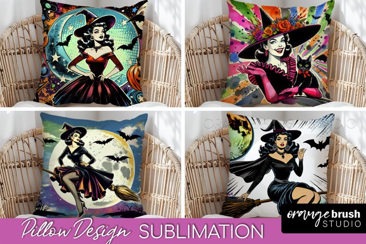 Witch Pillow Cover - Retro Halloween Pillow Sublimation PNG