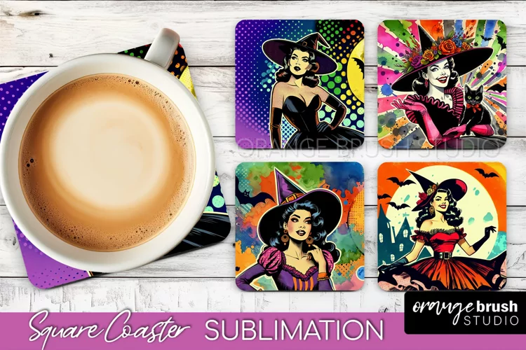 Witch Square Coaster, Retro Halloween Coaster Designs