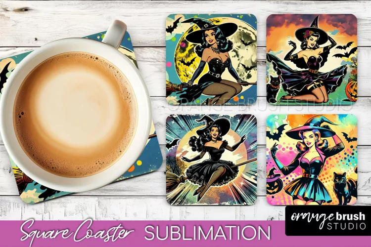 Witch Square Coaster, Retro Halloween Coaster Designs