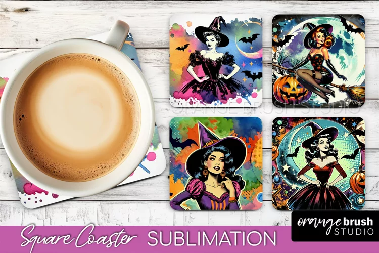 Witch Square Coaster, Retro Halloween Coaster Designs