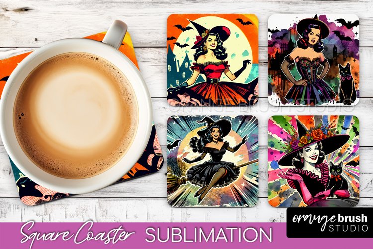 Witch Square Coaster, Retro Halloween Coaster Designs example image 1