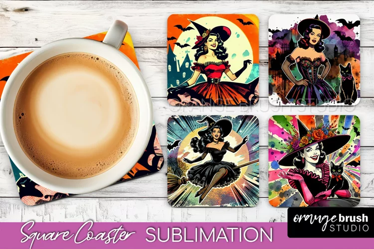 Witch Square Coaster, Retro Halloween Coaster Designs