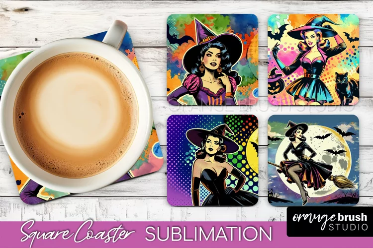 Witch Square Coaster, Retro Halloween Coaster Designs