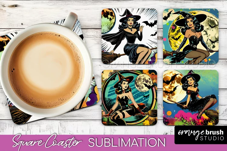 Witch Square Coaster, Retro Halloween Coaster Designs