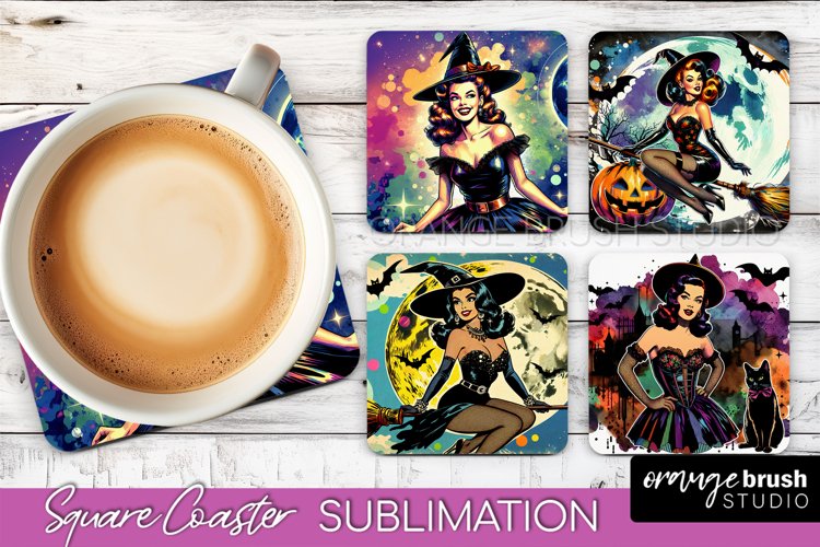 Witch Square Coaster, Retro Halloween Coaster Designs example image 1