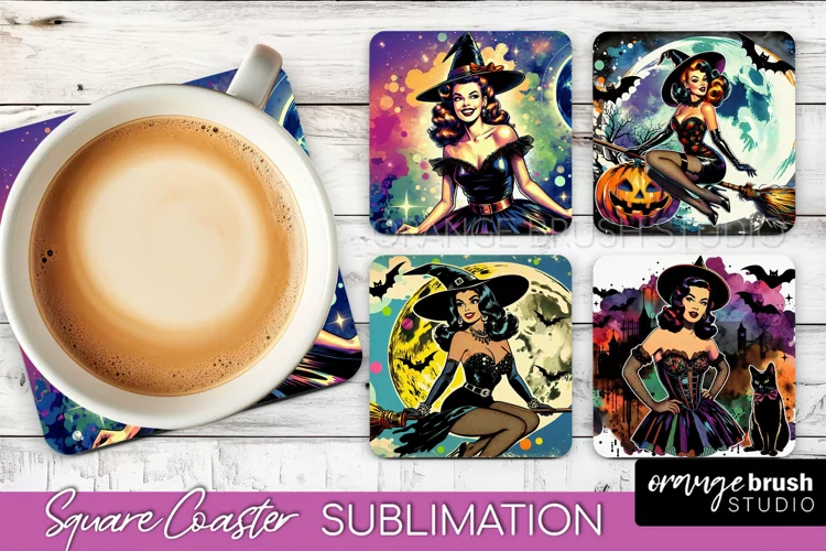 Witch Square Coaster, Retro Halloween Coaster Designs