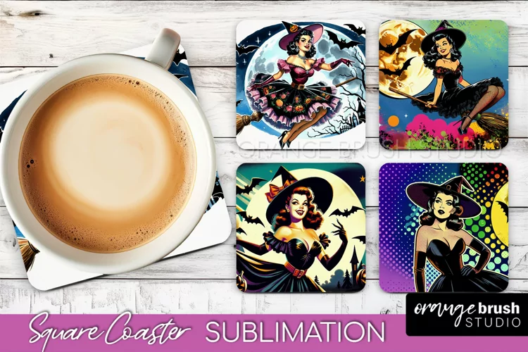 Witch Square Coaster, Retro Halloween Coaster Designs