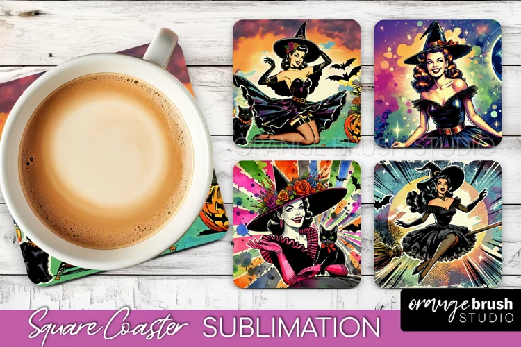 Witch Square Coaster, Retro Halloween Coaster Designs