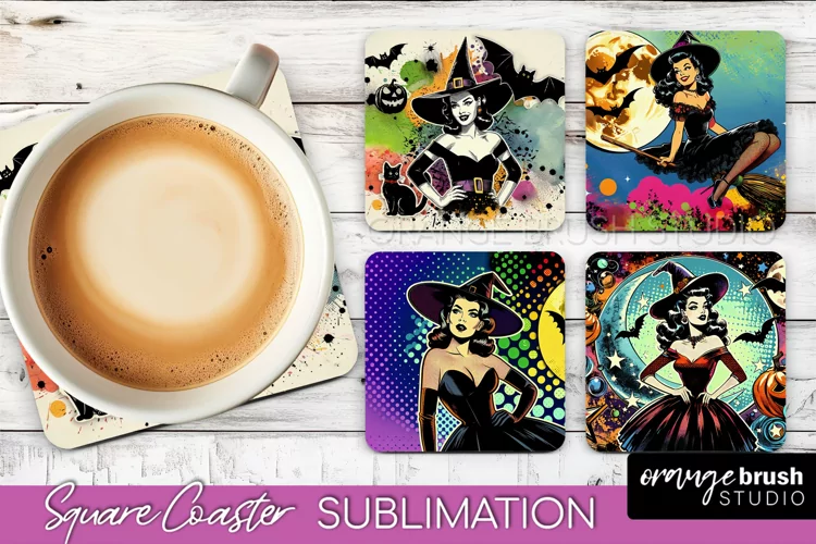 Witch Square Coaster, Retro Halloween Coaster Designs