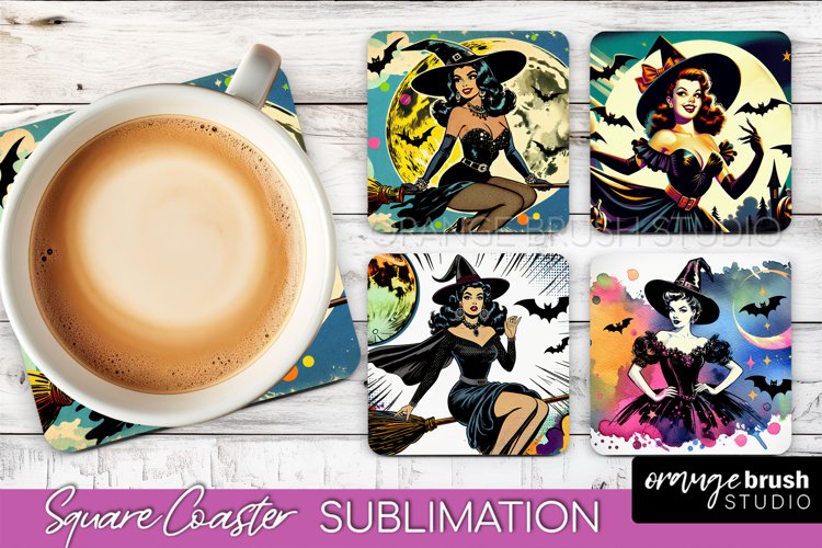 Witch Square Coaster, Retro Halloween Coaster Designs example image 1