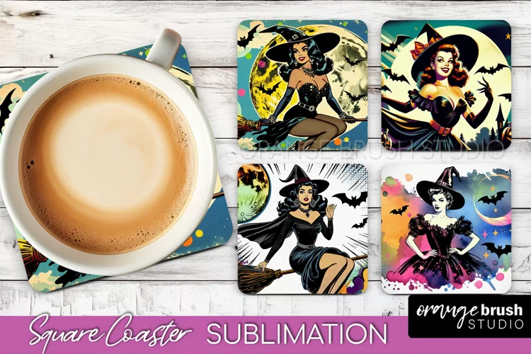Witch Square Coaster, Retro Halloween Coaster Designs
