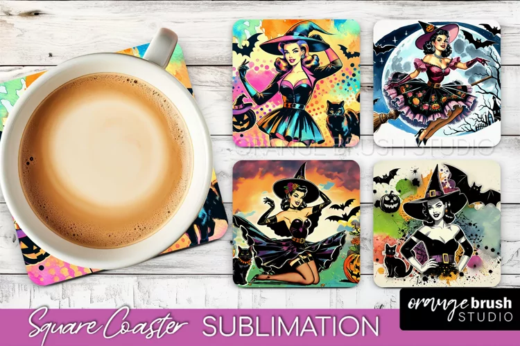 Witch Square Coaster, Retro Halloween Coaster Designs