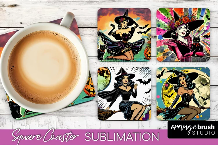 Witch Square Coaster, Retro Halloween Coaster Designs