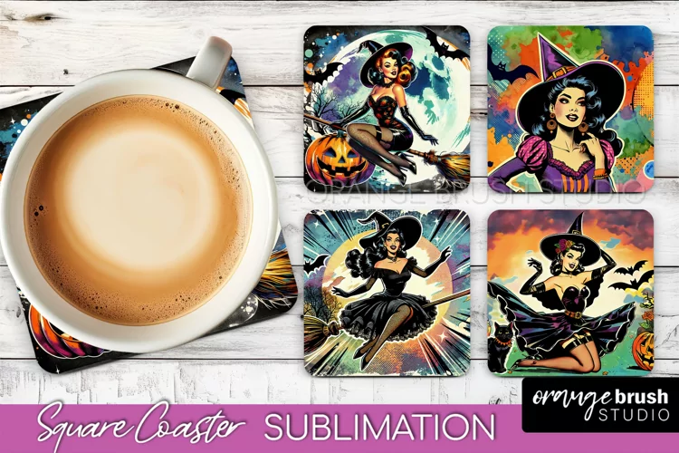 Witch Square Coaster, Retro Halloween Coaster Designs