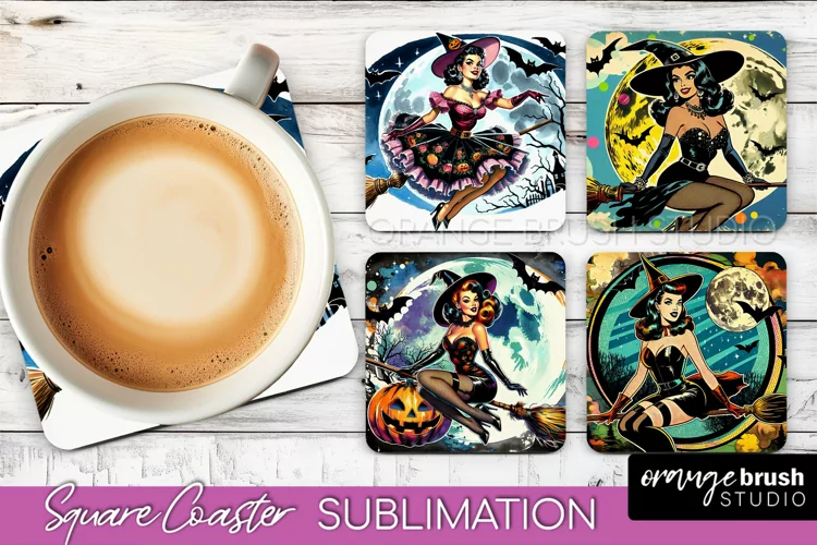 Witch Square Coaster, Retro Halloween Coaster Designs
