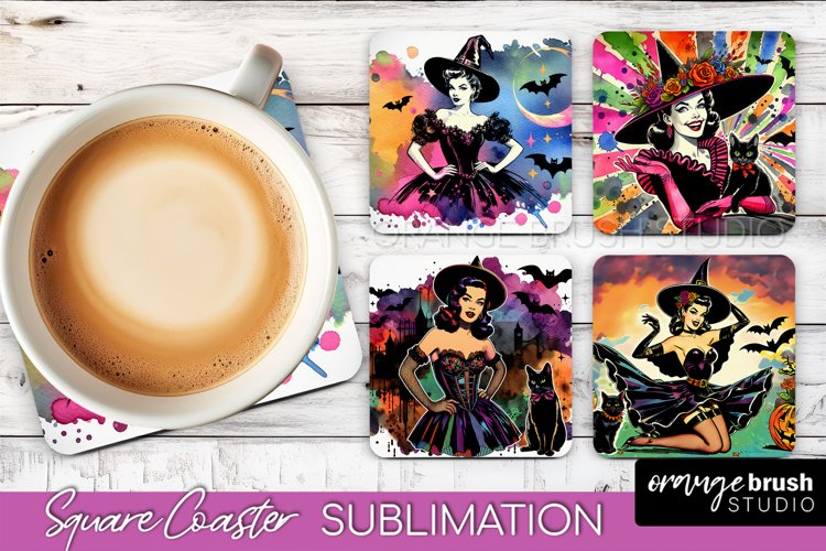 Witch Square Coaster, Retro Halloween Coaster Designs example image 1