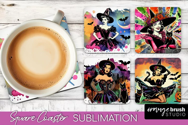 Witch Square Coaster, Retro Halloween Coaster Designs