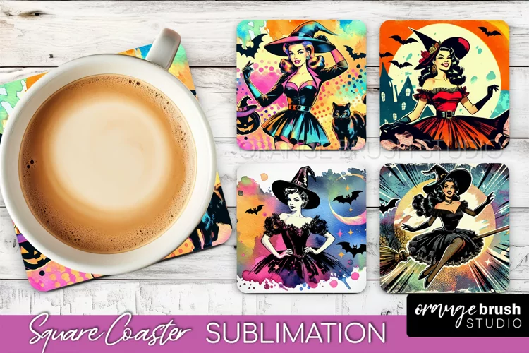 Witch Square Coaster, Retro Halloween Coaster Designs