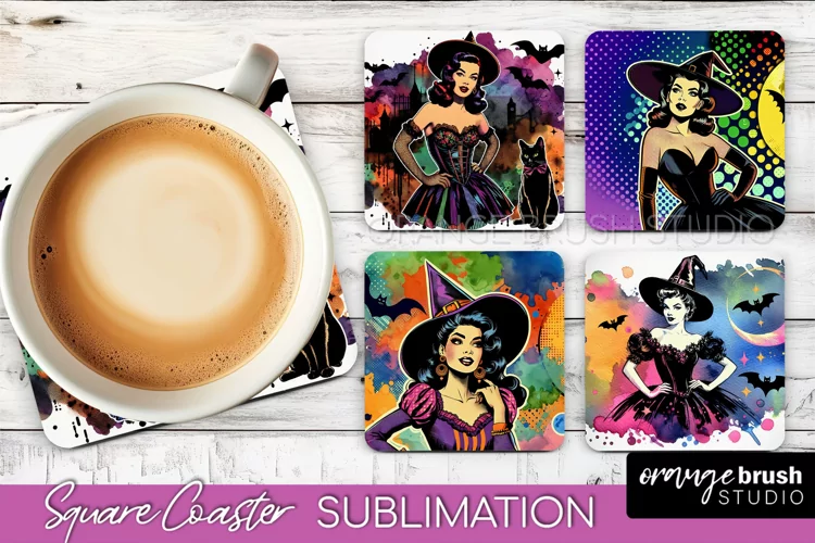 Witch Square Coaster, Retro Halloween Coaster Designs