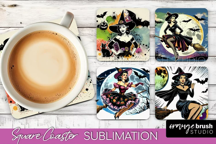 Witch Square Coaster, Retro Halloween Coaster Designs