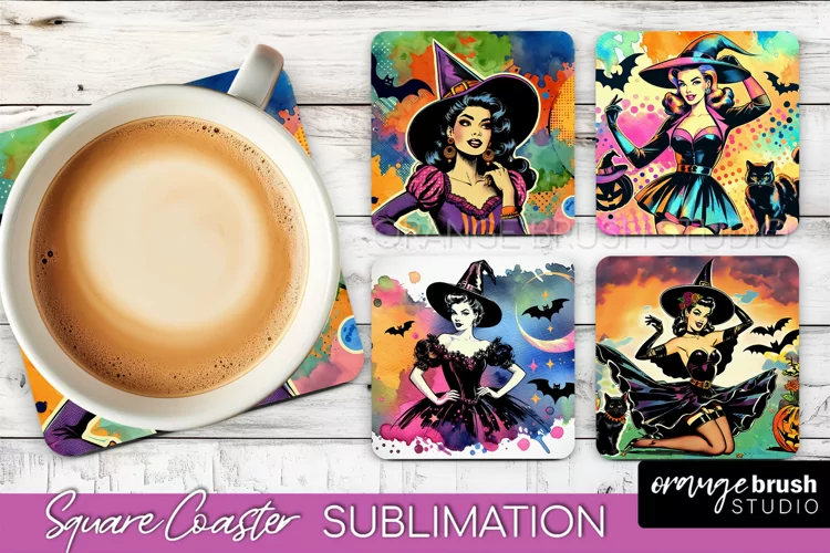 Witch Square Coaster, Retro Halloween Coaster Designs
