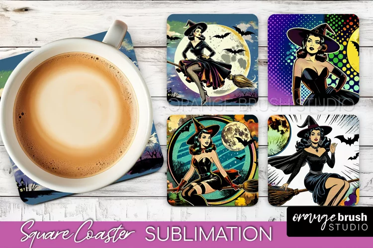 Witch Square Coaster, Retro Halloween Coaster Designs