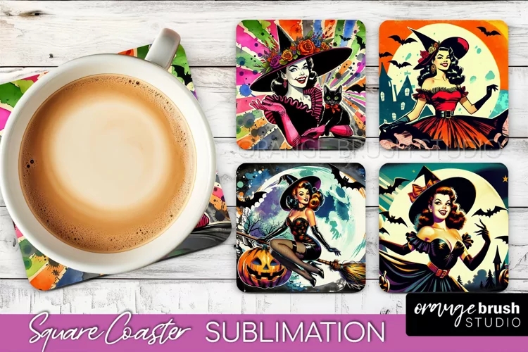 Witch Square Coaster, Retro Halloween Coaster Designs
