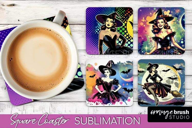 Witch Square Coaster, Retro Halloween Coaster Designs