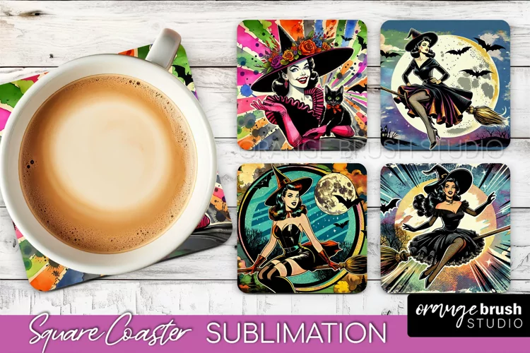 Witch Square Coaster, Retro Halloween Coaster Designs