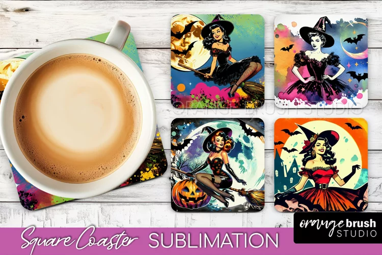 Witch Square Coaster, Retro Halloween Coaster Designs