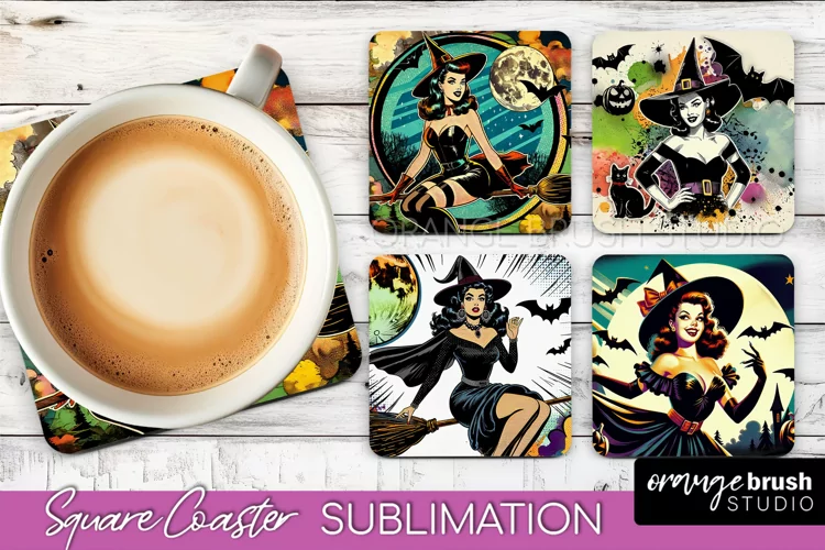Witch Square Coaster, Retro Halloween Coaster Designs