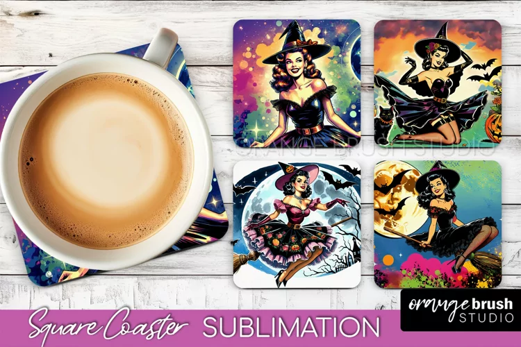 Witch Square Coaster, Retro Halloween Coaster Designs