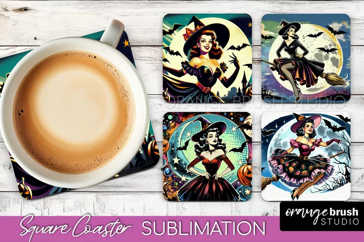 Witch Square Coaster, Retro Halloween Coaster Designs