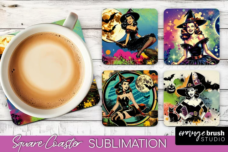 Witch Square Coaster, Retro Halloween Coaster Designs