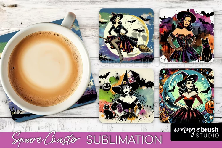 Witch Square Coaster, Retro Halloween Coaster Designs