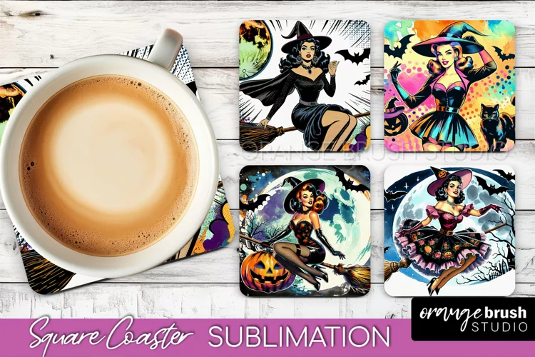 Witch Square Coaster, Retro Halloween Coaster Designs
