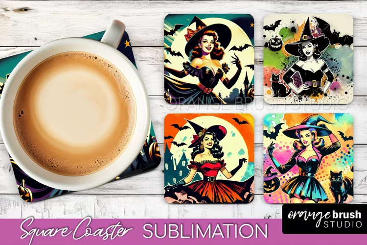 Witch Square Coaster, Retro Halloween Coaster Designs