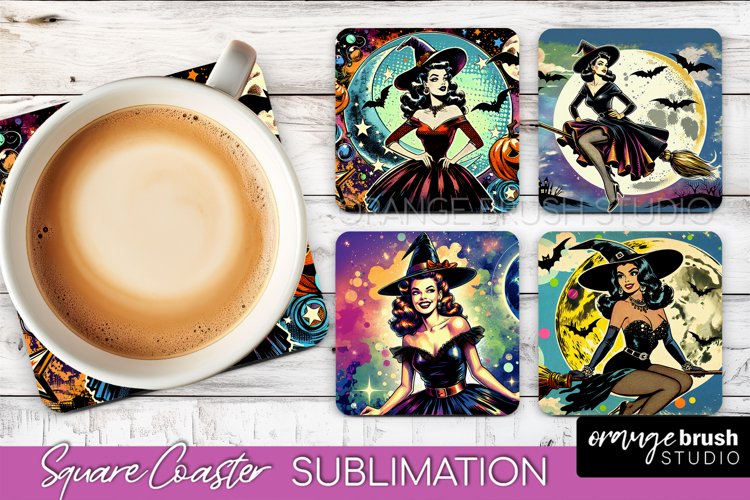 Witch Square Coaster, Retro Halloween Coaster Designs example image 1