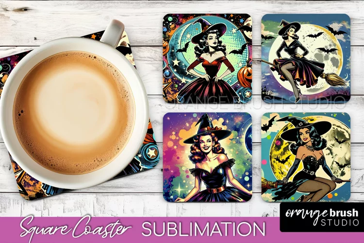 Witch Square Coaster, Retro Halloween Coaster Designs