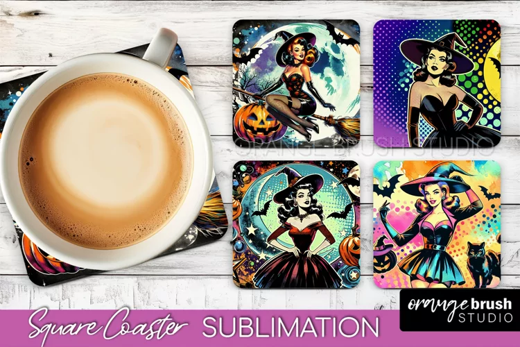 Witch Square Coaster, Retro Halloween Coaster Designs