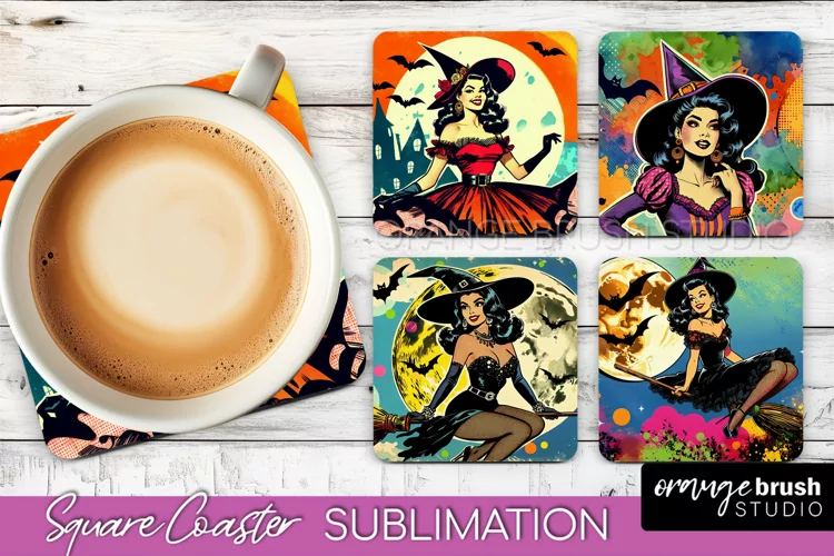 Witch Square Coaster, Retro Halloween Coaster Designs