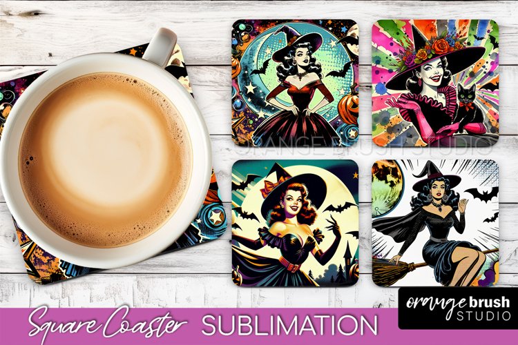 Witch Square Coaster, Retro Halloween Coaster Designs example image 1