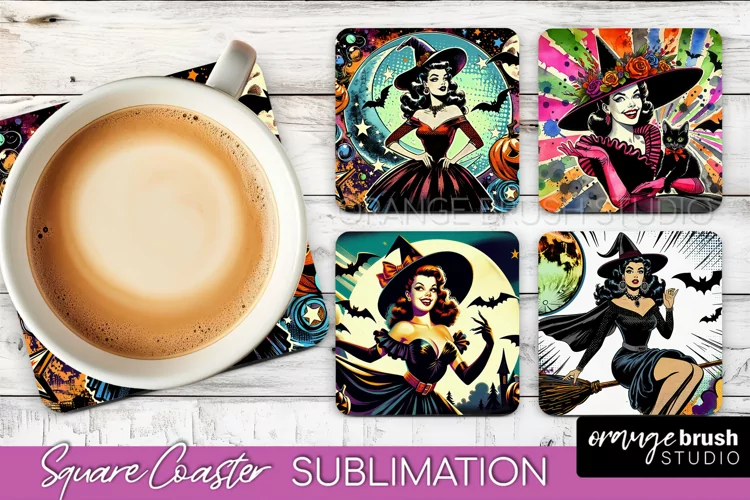 Witch Square Coaster, Retro Halloween Coaster Designs