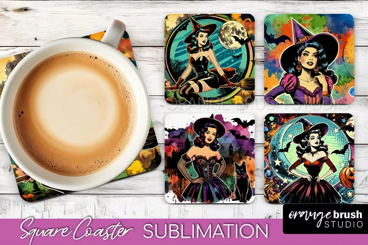 Witch Square Coaster, Retro Halloween Coaster Designs