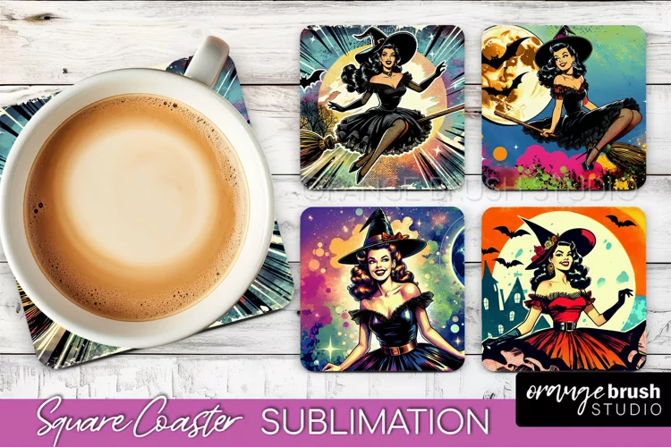 Witch Square Coaster, Retro Halloween Coaster Designs