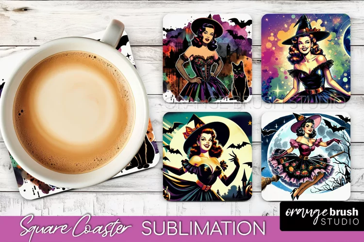 Witch Square Coaster, Retro Halloween Coaster Designs