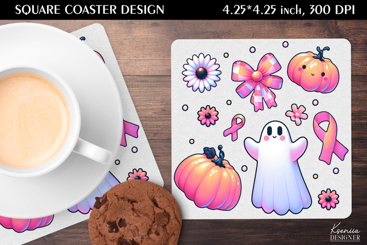 Ghost and Pumpkin|Breast Cancer Awareness Square Coaster