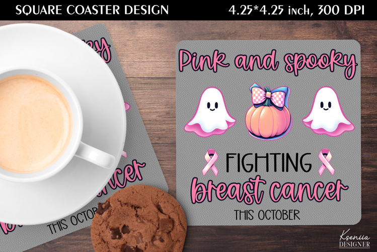 Ghost and Pumpkin|Breast Cancer Awareness Square Coaster