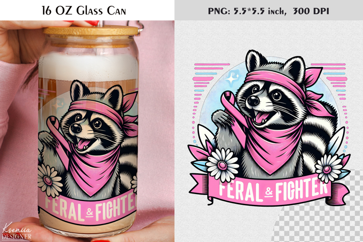 Breast Cancer Awareness|Cute Raccoon|16 Oz Glass Can