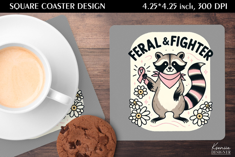 Vintage Raccoon|Breast Cancer Awareness Square Coaster